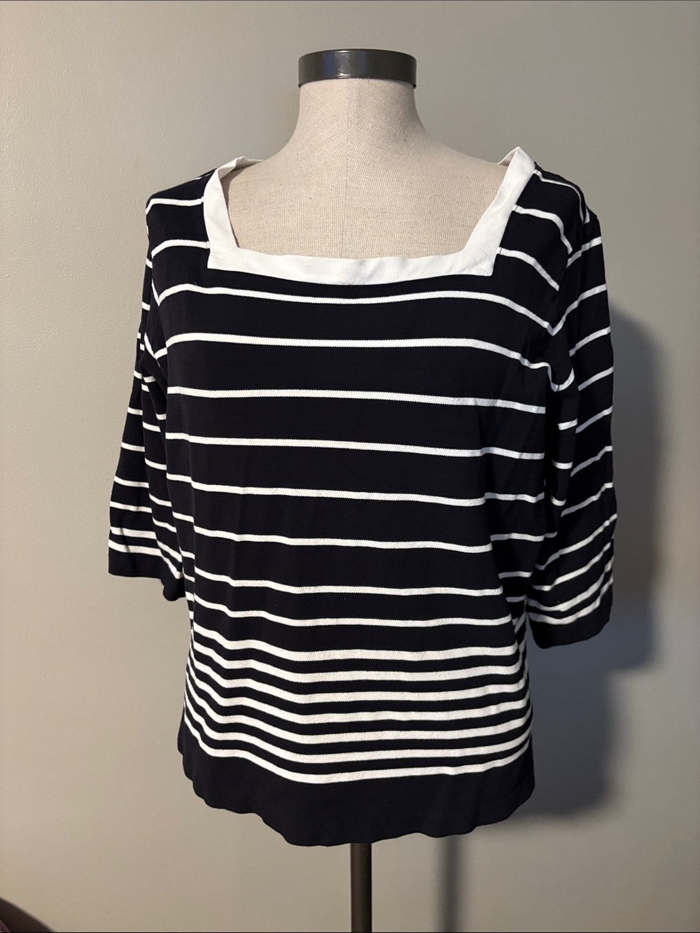 Talbots Black & White Striped Square-Neck Top quarter sleeve